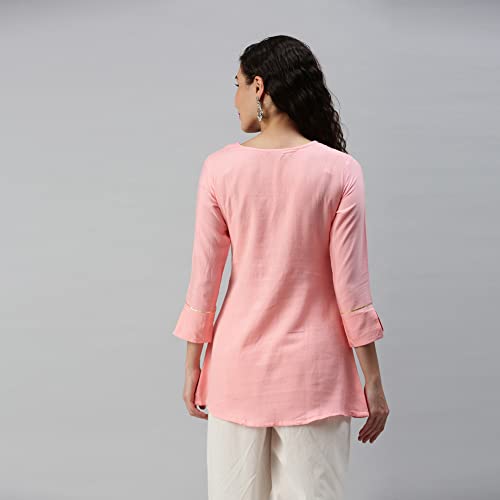 Image of SheWill Cotton Blend Stripe Print Embroidered A-Line Tunic