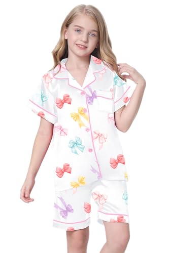 Image of Schbbbta Girls Womens Pajamas, Satin Silky Pjs Set Kids 2Pcs Button-Down Nightwear Sleepwear Gift for Mommy and me