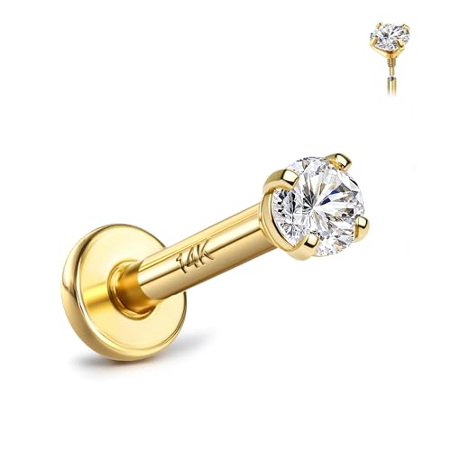 14K Solid Gold Flat Back Earring Hypoallergenic - 18G Cartilage Tragus Conch Helix Piercing Jewelry Extended Internal Thread Labret Lip Nose Stud for Women Men Simulated Diamond CZ 2/3/4mm
