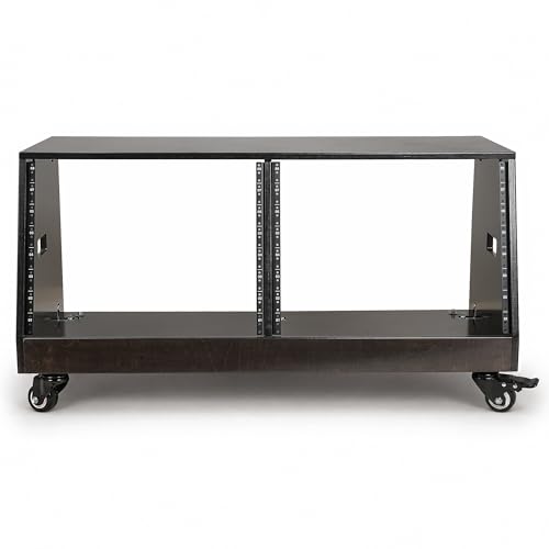 Image of Sound Town DIY 2 x 8U Slanted Double-Bay Studio Rack with Casters for Home Studio and Recording Room, Baltic Birch Plywood, Black Espresso (SDRK-D8TD)