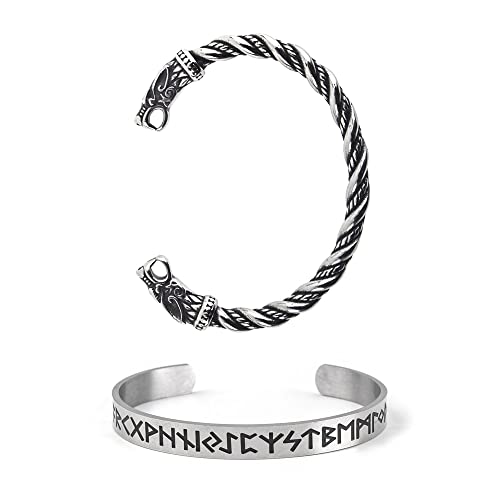 TURTLEDOVE Viking Wolf Fenrir Bangle – 2 PCS Stainless Steel Norse Scandinavian Torc – Rune Bangle Bracelet