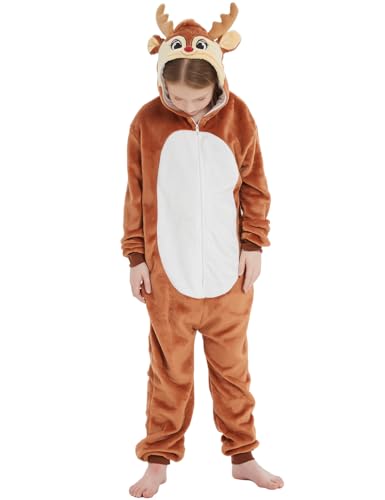 ABENCA Deer Onesie Kids Reindeer Costume Animal Girls One Piece Pajamas Cosplay Halloween Christmas.Brown Reindeer.140