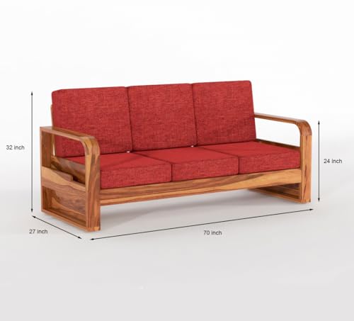 Image of Sheesham Wooden 6 Seater Sofa Set for Living Room | Solid Wood Sofa with Side Pocket Storage & Cushion | Rosewood Sofa for Home & Office | Lounge (Honey with Red Cushion, 6 Seater)