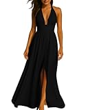 Womens Backless Dress Sexy Halter Deep V Neck Maxi Dresses Sleeveless Long Cocktail Dress with Slit Black L