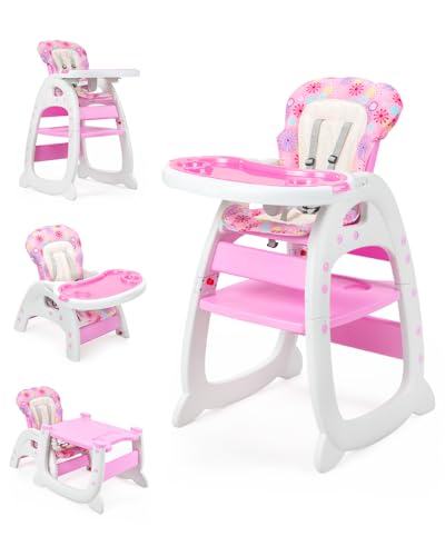 Image of SANDINRAYLI High Chair, Convertible Highchairs for Babies and Toddlers, Easy Clean Baby High Chair, 3 in 1 Feeding Chair for Eating, Adjustable Infant Chair for Toddlers 1-3, Baby Food Chair, Pink