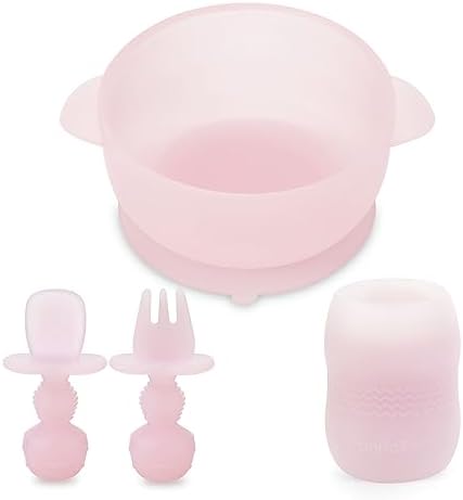 PandaEar Silicone Baby Utensils Set – Baby Bowl with Suction, Tiny Toddler Cup, and Self-Feeding Spoon Fork – Baby-Led Weaning Supplies for First Stage Infants (6 Months+)