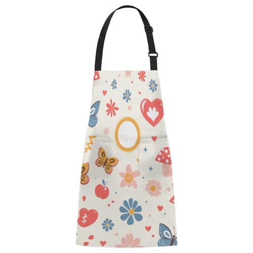 Aglebo Hand Painted Butterfly Flower Heart Chef Apron with Pockets Adjustable Shoulder Strap Waterproof Cooking Apron for Kitchen Baking Gardening Pottery Painting