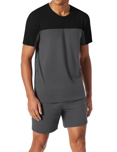 Aseniza Schlafanzug Herren Kurzarm Pyjama kurz Nachtwäsche Sleepwear Sommer Baumwolle Loungewear Shorty Pijamas Männer Hausanzug Rundhals Zweiteiler Set Schwarz und Dunkelgrau XL