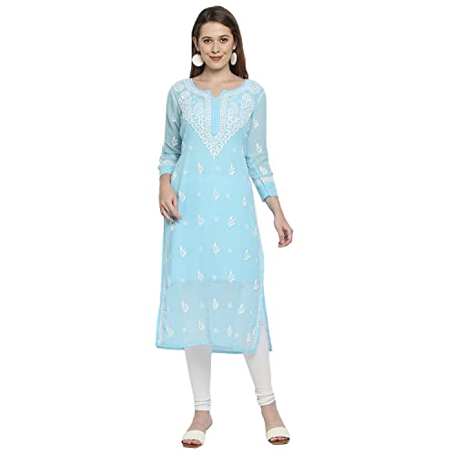 Image of indiankala4u Lucknow Chikankari Hand Embroidered Kurta for Women with Matching Inner, Georgette