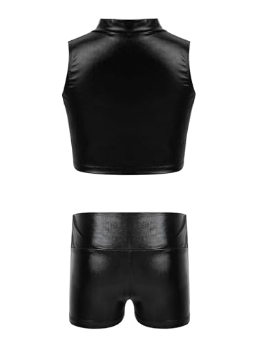 Kids Girls 2pcs Shiny Metallic Gymnastics Dance Tracksuit Sleeveless Mock Neck Crop Top Vest And Boy Shorts Set Black 10 Years2