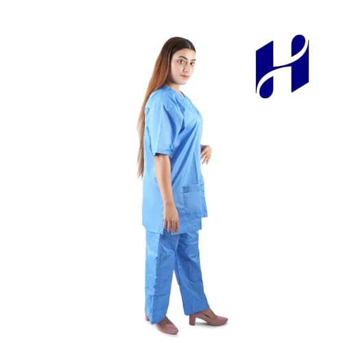 Image of Comfort Scrub Suit for Women - 5-Pocket Set with V Neck Top & Bottom, Half Sleeves, Breathable Fabric - Durable Uniform for Doctors, Nurses, and Dentists in Sky Blue (L, BLUE)