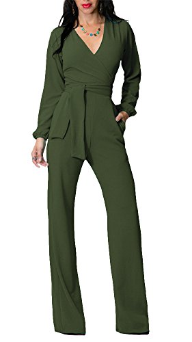 Womens Long Sleeve V Neck Wide Leg Pants High Waist Jumpsuit Rompers (Large, Army Green)