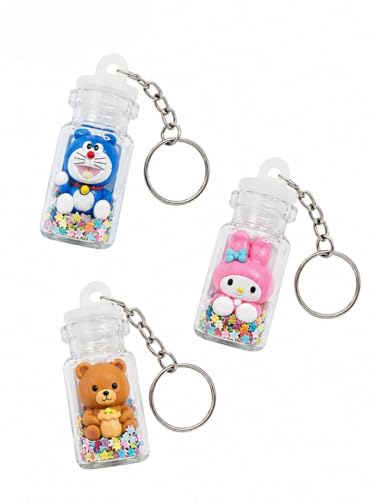 Image of Decorative Mini Bottle Keychain Set - Rubber Cartoon Character with Glitter Stars Design, Cute Hanging Bag Charm Keyring (Pack of 3, Assorted Designs)