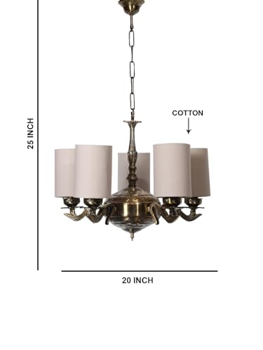 Image of Devansh 05 Lights Grey Round Cotton Shade with Antique Golden Chandelier