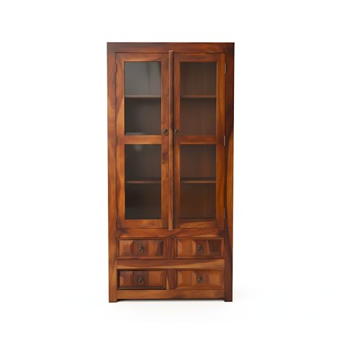 Image of SONA Art & Crafts Wooden Crockery Cabinet with Glass Door | Wooden Book Shelf for Home Library | Bookshelf Crockery Unit for Home & Kitchen Living Room (Natural Brown)