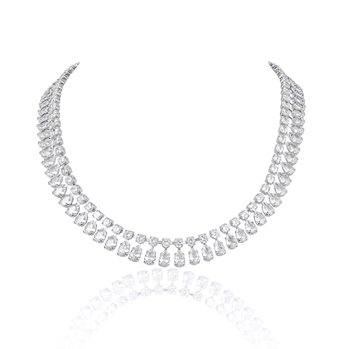 ZAVANA Collier Femme Argent Cristaux Zirconium – Collier Statement Mariage avec Pierres Rondes et Poire, Collier Soirée Réglable 40‑45 cm