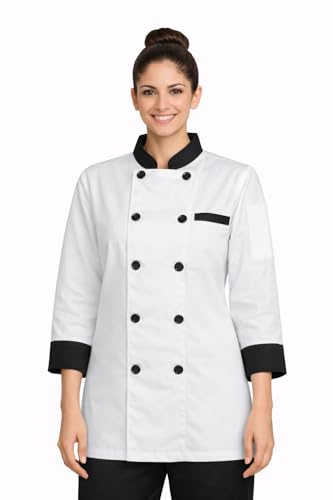 Image of Women Chef Coat for Hotel Restaurant & Kitchen Staff | White Chef Uniform with Black Piping | Professional Chef Jacket for Women
