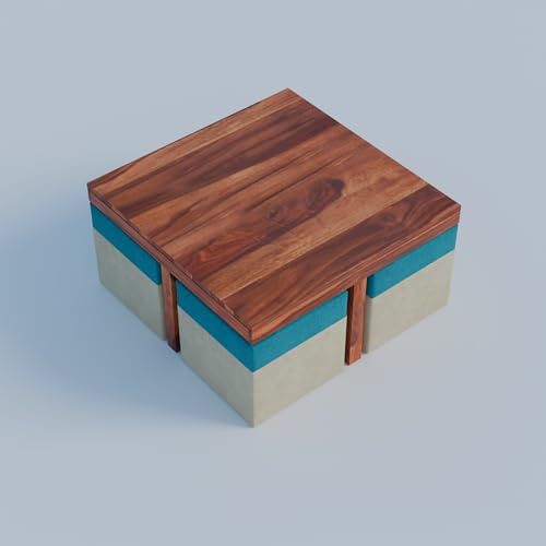 Image of Soild Sheesham Wood Centre Coffee Table with 4 Stools for Living Room Hall Bedroom Office|Wooden Center Coffee Table for Outdoor Garden Home | (Natural Teak Dark)