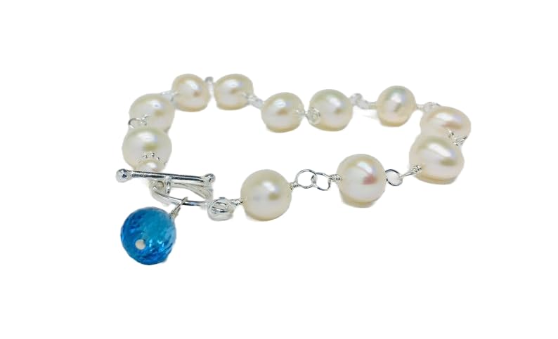 Bracelet Topaze Bleue et Perles Blanches en Argent 925 Bijou Raffiné