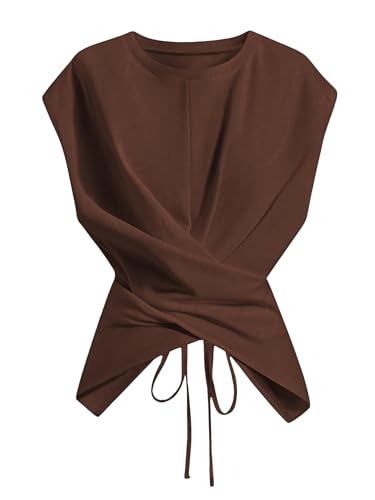 Verdusa Women's Cinched Waist Wrap Top Cap Sleeve Tie Back Going Out Workout Business Casual Tops Chocolate Brown Large