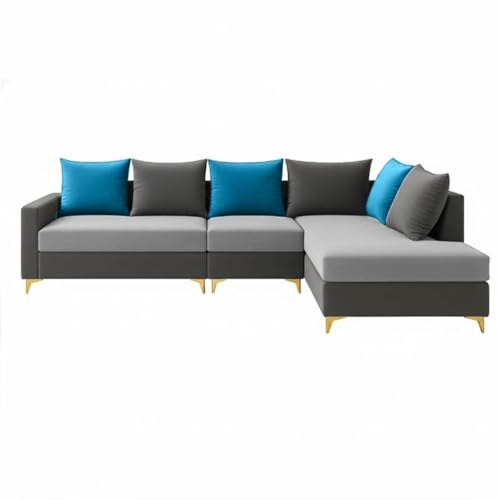 Image of FURNY Gloriss 6 Seater Fabric RHS L Shape Sofa Set with Multi-Color Aqua Blue Cushions (Light Grey-Dark Grey) Premium Velvet Finish with Golden Legs | Ideal for Living Room, Offices