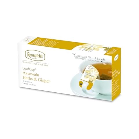 Ronnefeldt LeafCup Ayurveda Herbs & Ginger Tea Loose Leaf, 15 Individually Wrapped Tea Bags with Hook Handle on Cup, Organic Decaf Ginger Herbal Tea for Digestive & Immune Support LeafCup Ayurveda Herb Ginger Cover