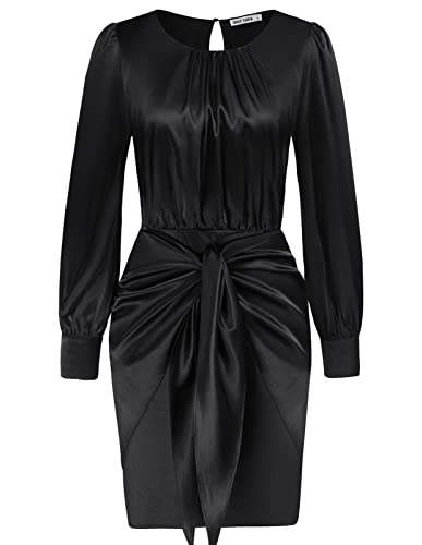 Grace Karin Womens Elegant Long Sleeve Cocktail Dress Crewneck Tie Waist Satin Dress Black M #TOP29