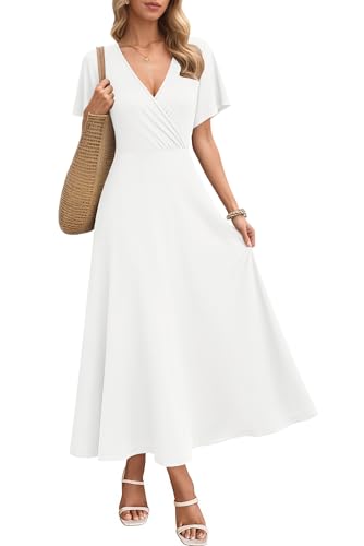 AUSELILY Maxikleider Damen Sommer Kleid Lässig Hohe Taille Lockere Passform Mit Taschen Weiß L