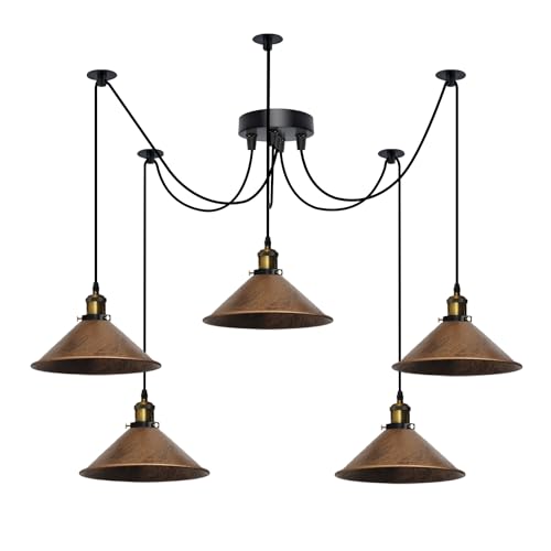 Image of DC VOLTAGE 5 Head Metal Multi Copper Cone 22cm Shade Spider Pendant Light, Adjustable 2M Cable, E27,Industrial Hanging Lamp, Kitchen Island Loft Lighting Without Bulb