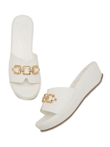 Image of Bruno Manetti Women's Slipon Back Open with Upper Golden Buckle Round Toe Comfort Platform Wedges