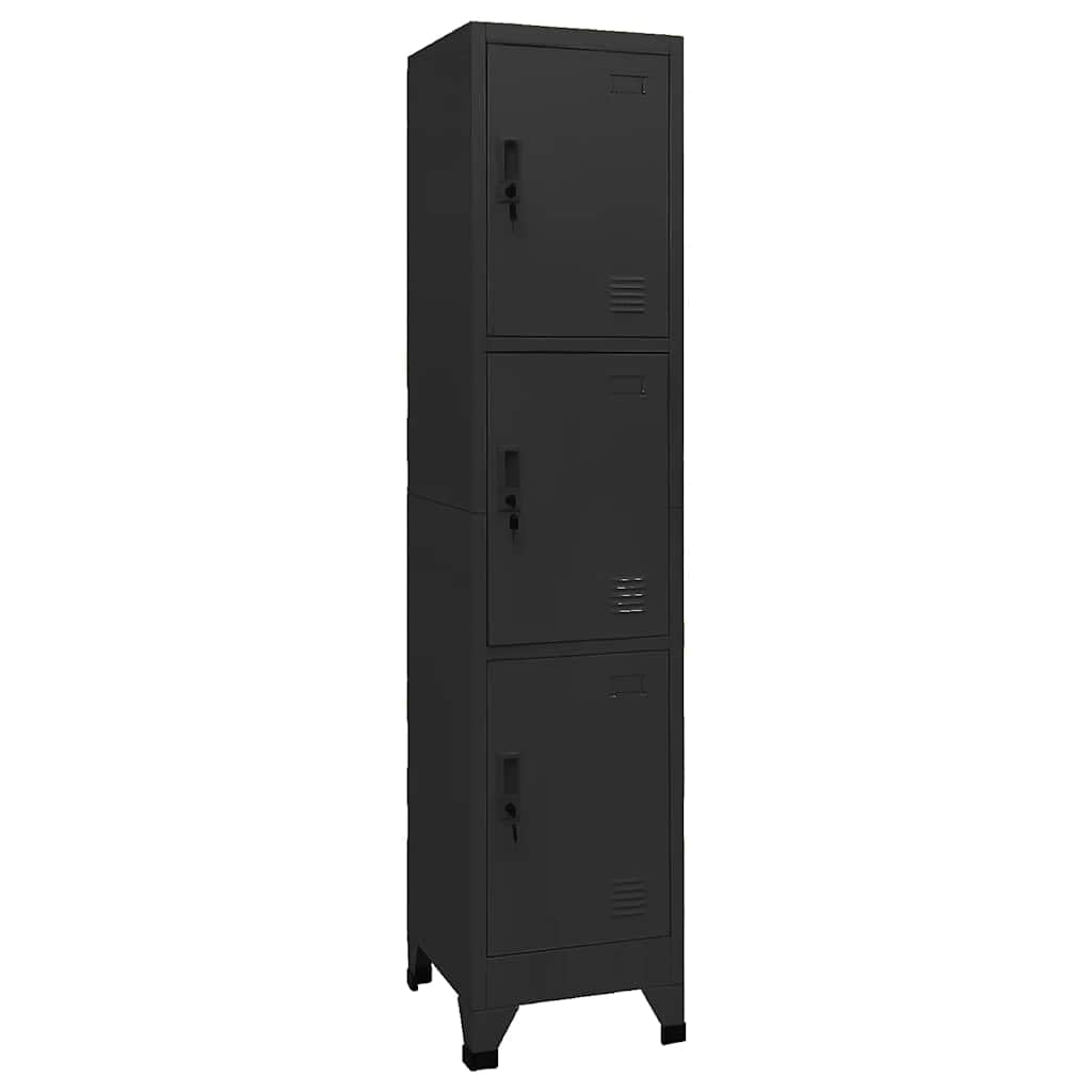 Armadietto portaoggetti in Acciaio Nero per impieghi gravosi 38x45x180 cm, Contenitore in Metallo con Serratura, 3 Ante, Prese d'Aria e Porta targhette per Ufficio, Scuola, Garage - Soluzion