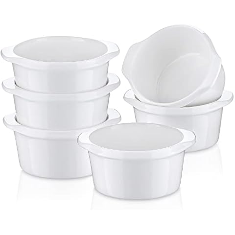 LOVECASA Oven Dishes Round Shape Dish Oven to Table Baking Dish, Ceramic Bakeware Set of 6 with Double Handle Ideal for Cake/Pie/Casserole/Pasta, White - 9.3cm in Diameter Cover