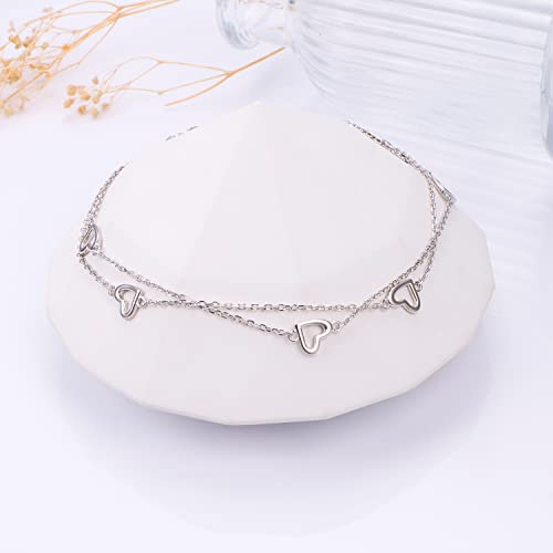 Image of Flyow Anklet for Women S925 Sterling Silver Adjustable Foot Beaded Heart Charm Ankle Bracelet Anklets Jewelry
