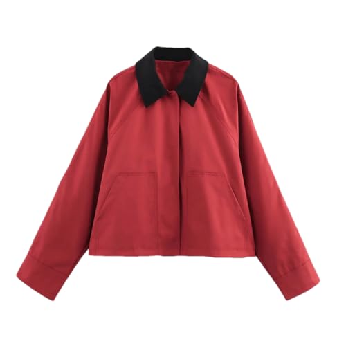 Women's Long-Sleeved Bomber Jacket, Contrast Color Single-Breasted Multi-Pocket Loose Women's Coat