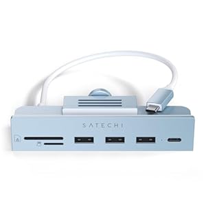 SATECHI USB C Clamp Hub – USB-C Data Port, 3x USB-A 3.0 Data Ports, Micro/SD Card Readers – for Studio Display & 24" iMac (2021 to 2024 M4), Not Compatible with 2020 and Earlier iMac Models - Blue
