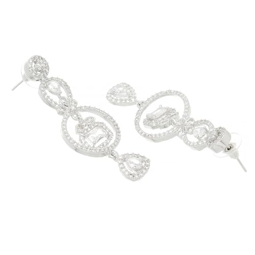 Rhodium-Plated Circular Drop Earrings with American Diamonds