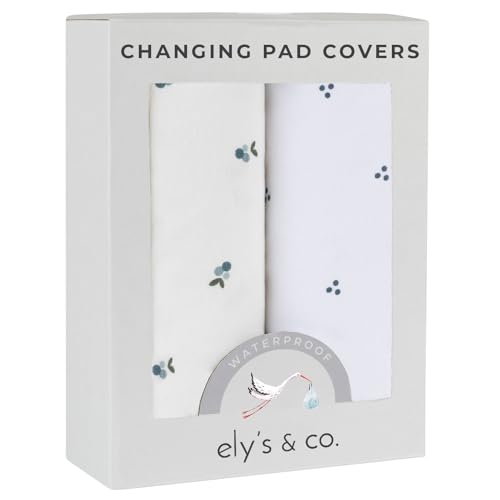 Image of Ely's & Co. Patent Pending Waterproof Changing Pad Cover Sheets, 100% Cotton with Waterproof Lining – 2 Pack Fitted Cradle Sheet Set, Berry and Cluster Dot (Blue) 34” x 17”