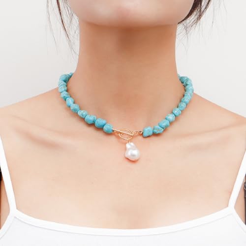 Chunky Turquoise Beaded Necklace for Women Blue Bead Baroque Pearl Pendant Necklace Colorful Beaded Choker Necklace Gold Toggle Natural Stone Jewelry Accessories3