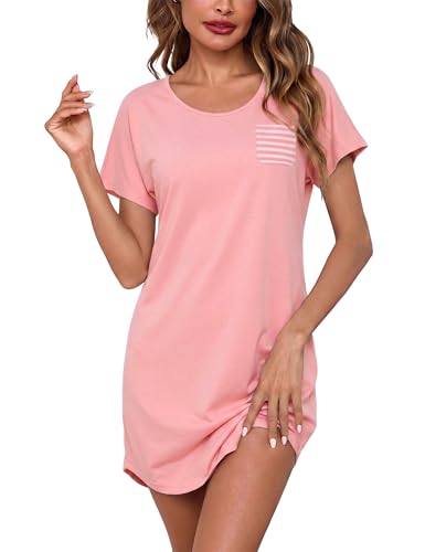 Bresdk Camisón Mujer Manga Corta Algodón Camisones de Mujer Verano Ligero Camisola Mujer Dormir con Bolsillo Rosado L