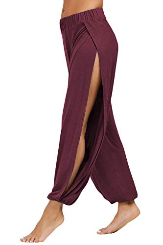 fitglam Women s High Slit Harem Yoga Pants Loose Fit Lounge Beach Pants (Burgundy, XXL)