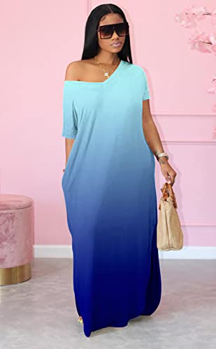 Image of Women Summer V Neck Loose Side Split Maxi Dresses with Pocket