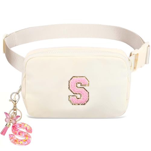 Image of Birthday Gifts for Teenager Girls Kids - Personalized Belt Bag for Girls Women Fashion Waist Packs Trendy Travel Fanny Pack Crossbody Bags with with Initial Letter Patch Cute Stuff S, Beige