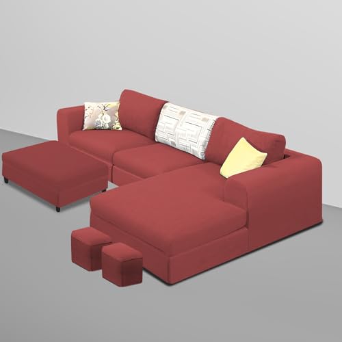 Image of Koza RHS 4 Seater L Shape Sofa Set with Center Table for Living Room (Maroon Fabric) Premium Fabric Sofa