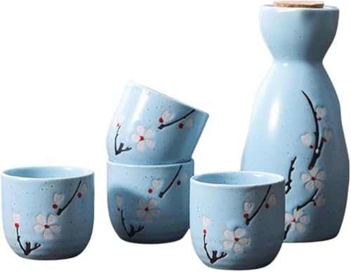 AOBOPO ミニ陶器酒器セット 和風花見デザイン 徳利 ×1 + ぐい呑 ×4 冷酒杯・清酒用 日本酒ボトル・酒盃・おちょこ兼用 陶器質感 ミニサイズ旅行・キャンプ携帯易 おしゃれ居酒屋風 宴会・晩酌・花見に最適 退職祝い・誕生日 プレゼントに推奨 家庭