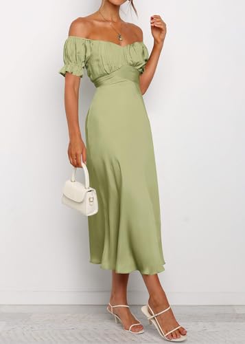 Image of KIRUNDO Women's Satin Summer Wedding Guest Cocktail Dress | 2026 Spring Fall Party Midi Dress, Silky, Elegant Off Shoulder Short Sleeve, Ruffle Mermaid Hem, Wrap Prom Formal Outfits