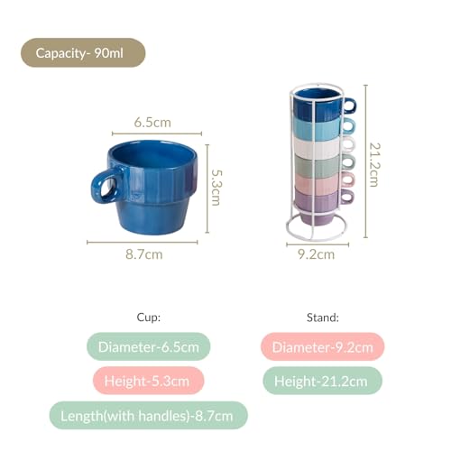 Nestasia Stackable Ceramic Espresso Cups Set of 6 (90 ml) | Colorful, Durable, and Ergonomic Design for Espresso Shots | Ideal for Gifting (Multicolour)