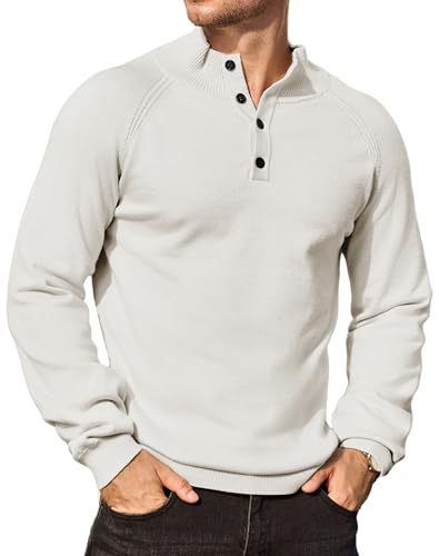 Mens Stand Collar Pullover Sweater Casual Button Closure Raglan Sleeve Ribbed Stitching Knit Textured Sweater
