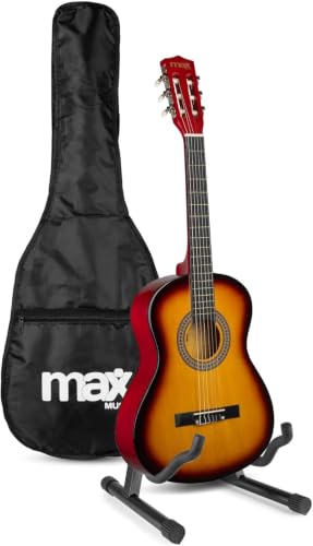 Max SoloArt Pack Guitare Classique Junior 3/4 - Sunburst, Cordes en Nylon, 8 à 12 ans, Sac de Transport, Médiators, Sangle, Support Guitare, un Cadeau pour...