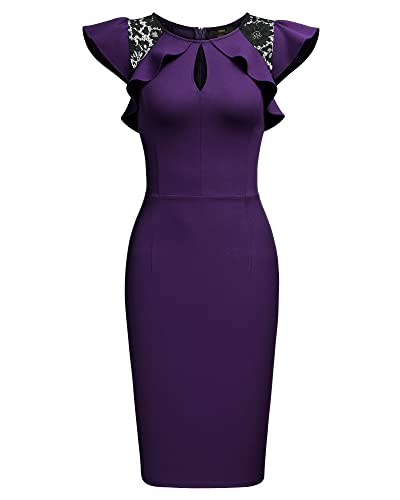 Image of Knitee Women's Vintage Ruffle Trim Lace Sleeveless Bodycon Cocktail Dress