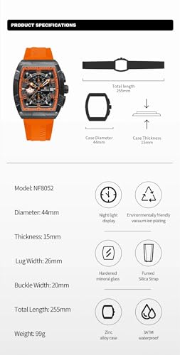 NAVIFORCE Waterproof Chronograph Sport Rectangle Watch for Men, with Auto Date Women Quartz Wrist Watches, Colorful Silicone Band